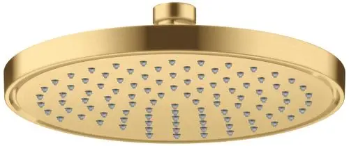 Runde Kopfbrause in Brushed Gold Optik mit mehreren Wasserstrahldüsen. Hersteller ist AXOR. Die Montage erfolgt an der Decke.